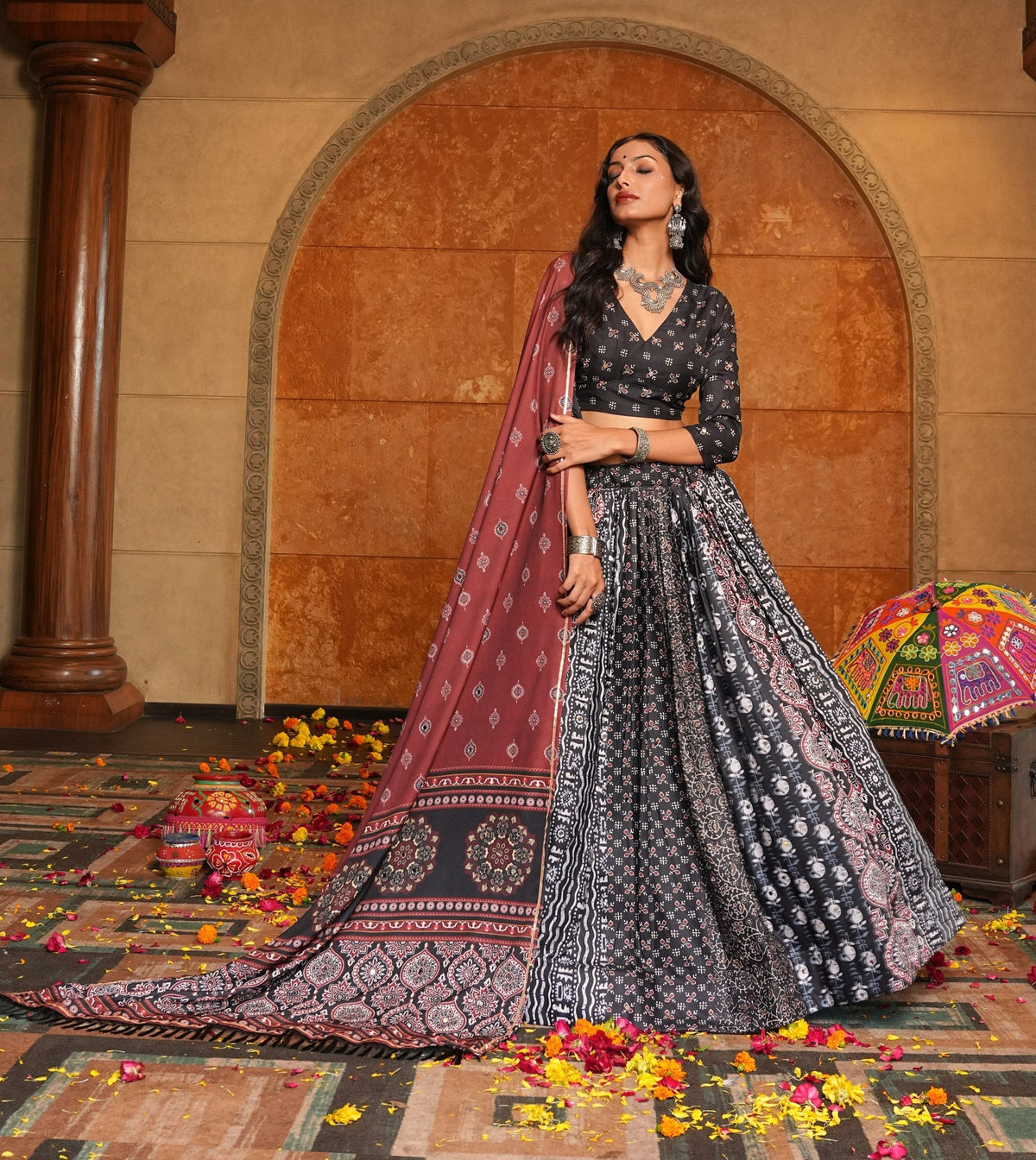 Black Crepe Print Work Navratri Lehenga Choli – Traditional Garba Night Set