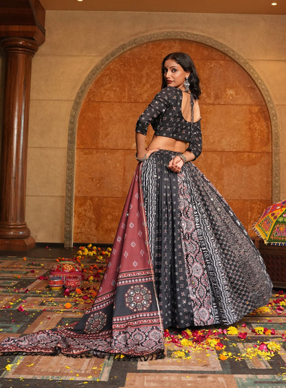 Black Crepe Print Work Navratri Lehenga Choli – Traditional Garba Night Set