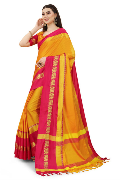 Gold Pink Soft Cotton Silk Blush Symphony Saree For Women